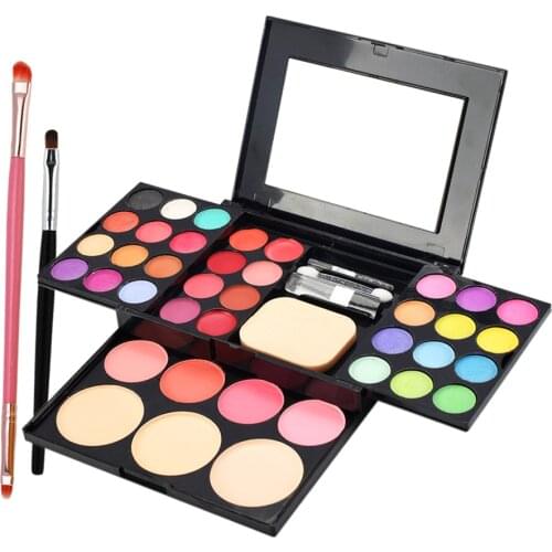 Face Concealer Cream Lip Gloss Eyeshadow Cheek Blush Palette Case Brush Kit