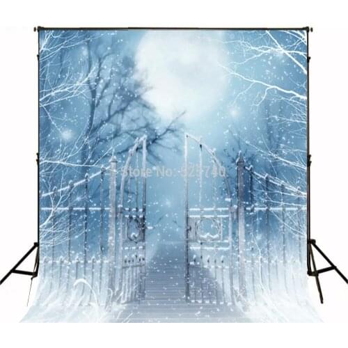 VinylBDS Photography Backdrops Light Blue Iron Gate Moonlight Photographic Christmas Snow For Children Chrismas