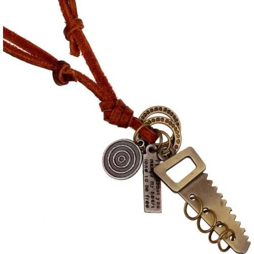 Vintage Men Metal Saw Hunter Pendant Necklace Rock Sawing Wood Charms Long Adjustable Leather Chain Collier Punk Fashion Jewelry