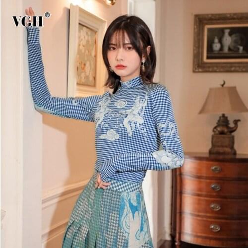 VGH Print Plaid Cartoon T Shirt For Women Turtleneck Long Sleeve Slim Hit Color Casual T Shirts Female Fashion New Clothing 2021