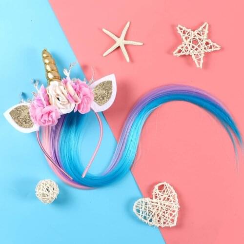 Miss Cute Wig Rope Head Wear Headband Women kids Sweet Flower Unicorn Horn Hair Band Birthday Party handmade fashion Headwear