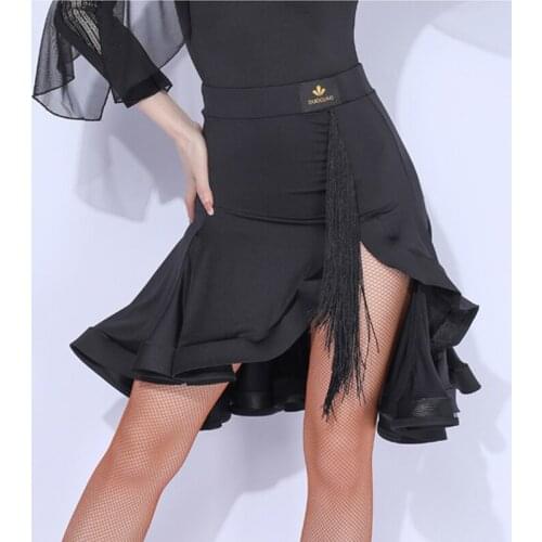 Women Black Latin Dance Ruffle Split Skirt Tango ChaCha Dancing Performance Stage Clothes Rumba Tassel Competition Costume 4114