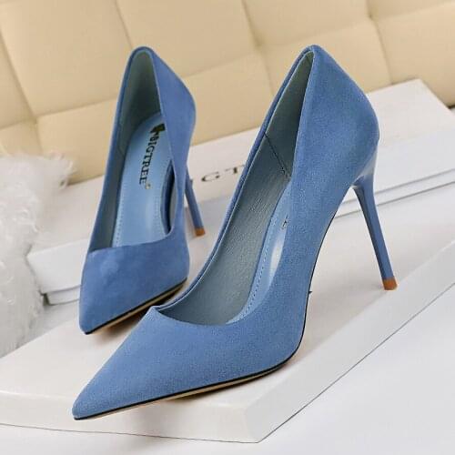 2019 New Women Pumps 9cm High Thin Heel Pointed Toe Solid Shallow Fashion Sexy Ladies Women Shoes Suede Female High Heel Pumps