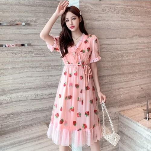 Lace Dress Floral Mesh Strawberry Sequin Dress 2020 New Summer Lace Shorts Sleeve V Neck Ruffle Fashion Women Dress 195E