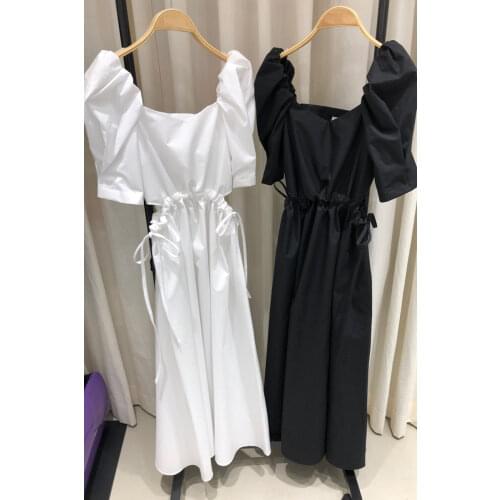 2020 Summer New Women Korean Dress Female Puff Sleeve Square Collar A-Line Dresses Vintage Solid Hollow Out Sexy Robe Femme
