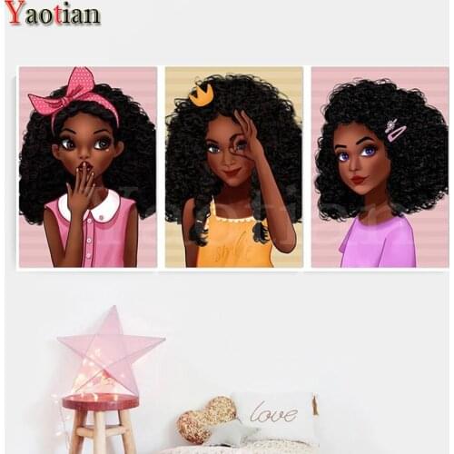 DIY Diamond Painting 3 Panels African Women 5D Diamonds Embroidery Pretty Girls Triptych Painting Rhinestone round Drill