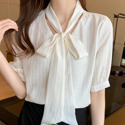 Blouse Women Short Sleeve Striped Chiffon Blouse Shirt Tops Women Blusas Mujer De Moda 2021 Verano Blouses Femme Top Blusas E933