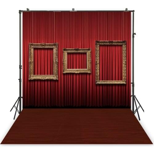 Red Curtain With Vintage Golden Photo Frame Background For Photography Backdrop Portrait Studio Photo Booth Supplies Photoshoot