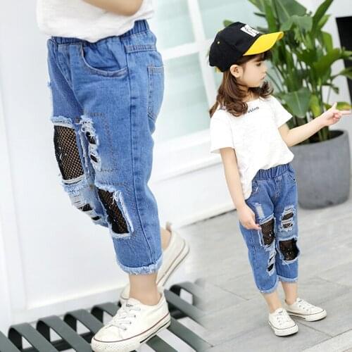 Children Pants Summer Girls Fashion Hole Jeans Kids Boy Cotton Fishing Net Cropped Trousers Comfortable Pants Causal Jeans