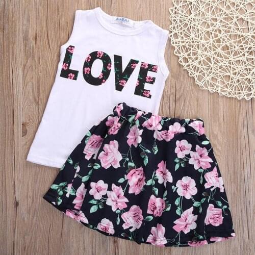 2pcs Baby Girls Fashion Clothes Set Love Sleeveless O-Neck Cotton T-shirt Tops+ Mini Floral Skirt Clothes Summer Outfits Set