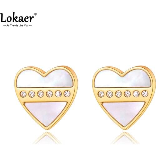 Lokaer Trendy Titanium Stainless Steel White Shell Rhinestone Heart Party Earrings Jewelry For Women Серьги Pendientes E21015