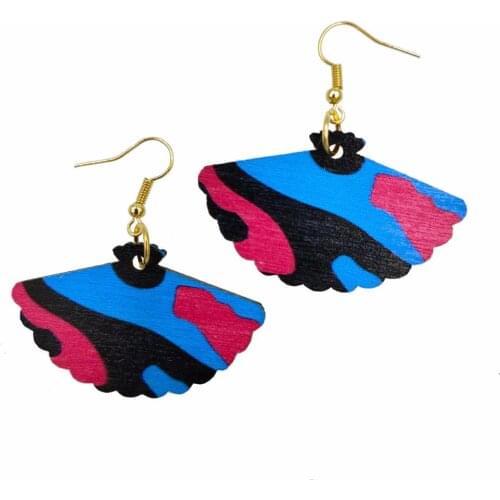 Fashion Wood Fan Drop Earrings Bohemian style Printing Flower Earrings Grid Earrings Sun Flower Golden Hooks Earrings 30 Colors