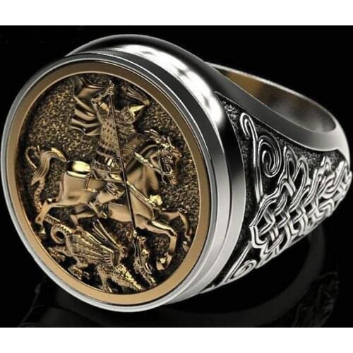 Men Ring Carving Metal Finger Jewelry Medieval Style Ring of Brave & Victory A Soldier Riding on Horse Killing A Dragon VL