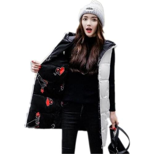Autumn Winter Medium-Long Women Vest 2018 Fashion Print Both To Wear Down Cotton Female Waistcoat Outerwear Warm Loose Vest Q624