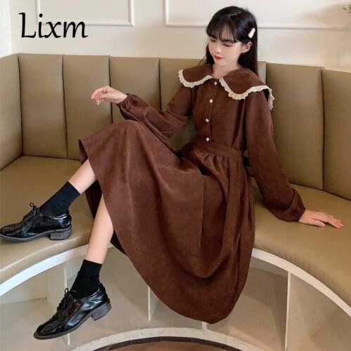 Japanese doll collar loose Lolita thin retro niche French corduroy long sleeve dress female autumn and winter new style