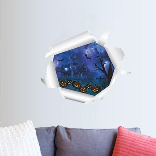 Festival Halloween soul castle 3D wall sticker for home decor background decorative Decals Broken wall pumpkin head stickers