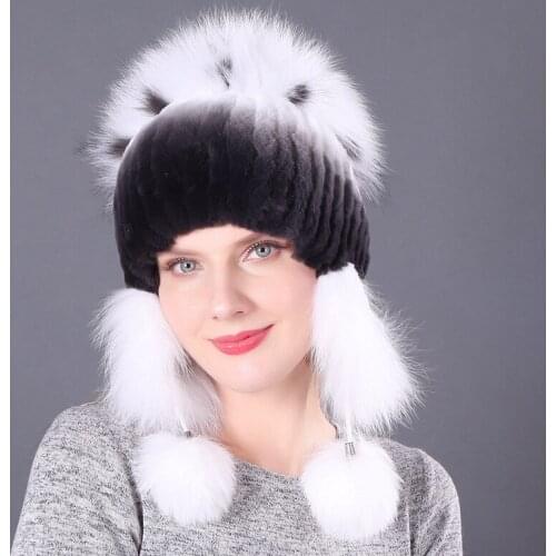 Fur Rex Rabbit Hat Winter Fashion Womens Rabbit Hair Fox Fur Hat Double Wool Thickened Warm Ear Protection Cap