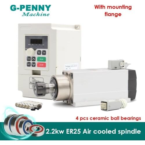 New Product! 220v 2.2kw ER25 air cooled spindle 4 pcs bearings Ceramic ball bearings air cooling wood working & 2.2kw Inverter