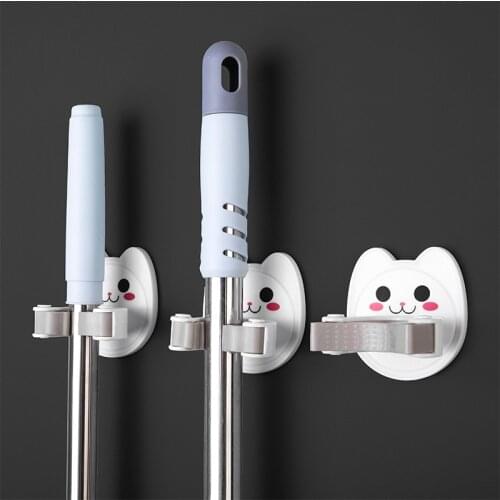 Cute Cartoon Mop Holder Wall Mounted Mop Organizer Brush Broom Hanger Storage Rack Hanging Pipe Hooks Bathroom Organizer