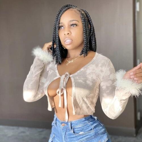 Autumn Winter Tie Dye Tie Front Crop Top Feather Long Sleeve T-shirt Women Fashion Streetwear Short Top Tee Clothes Outfits