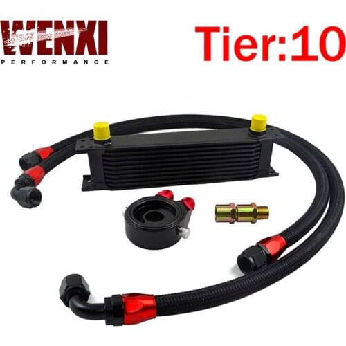 UNIVERSAL 10 ROWS OIL COOLER KIT +OIL FILTER SANDWICH ADAPTER BLACK + SS STAINLESS STEEL BRAIDED AN10 HOSE