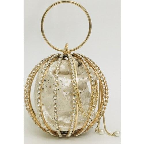 Hollow Out Diamonds Cage Evening Clutch Bags Women Fashion Pearl Rhinestones Alloy Circular Personality Handbags Wedding Party