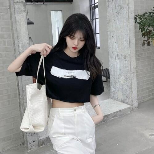 2021 Korean short t-shirt printing summer new style waist sweet cool round neck casual simple t-shirt women