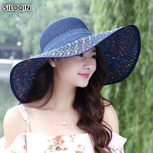 SILOQIN Womans Summer Hat Trend Oversized Sunvisor Panama Bucket Hats Foldable Fashion Bow Wind Rope Fixing Sunscreen Beach Hat