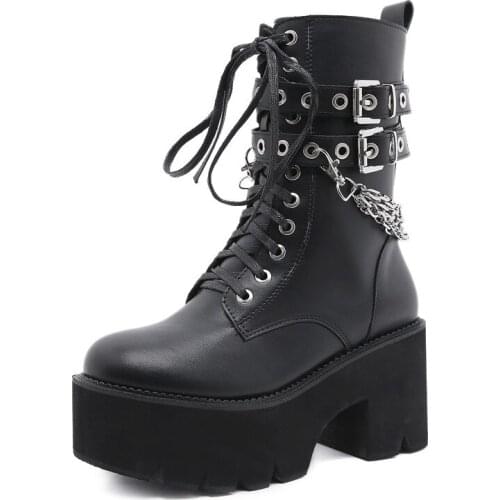 Big size 35-42 Fashion Chains Rivet Leather strap Buckle Women Motorcycle Boots Casual Autumn Winter Wedges Chunky Shoes Boots
