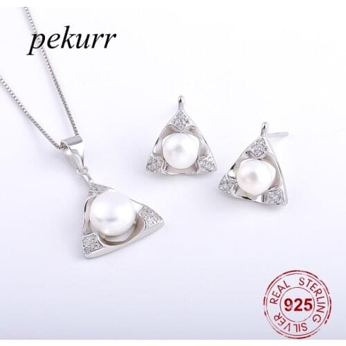 Pekurr 925 Sterling Silver Hollow Zircon Triangle Embed Natural Pearl Earrings Necklace Sets For Women Geometry Pendants Sets