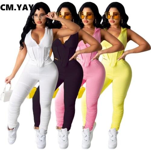 CM.YAYA Women 2 Piece Outfits Set Sleeveless Zipper Hooded Ruched Lace Up Tops and Stacked Pants Matching Set Active Tracksuit