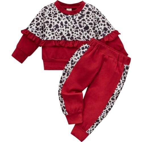Girls Leopard Print Clothes Set Contrast Color Long Sleeve O-neck Tops with Ruffle+Elastic Waist Trousers