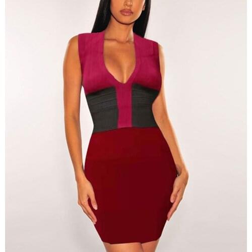 Women Bandage Dress Red Wine Bodycon Sexy Tank V Neck Summer Elegant Celebrity Runway Evening Party Mini Short Dresses