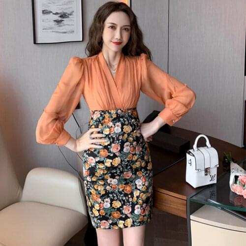 Fashion Korean Vintage V-Neck Long Sleeve Mini Party Dress Ladies Elegant Streetwear Floral Splicing Bodycon Skinny Pencil Dress