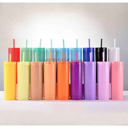 25/50/100pcs 16oz Acrylic Skinny Tumblers Matte Colors Double Wall 500ml Tumbler Coffee Plastic Sippy Cup With Lid Straws