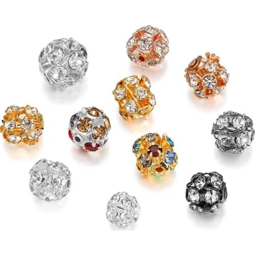 30pcs/lot 6/8/10mm Metal Glass Rhinestone Imitate Crystal Ball Bead Loose Spacer Beads For DIY Bracelets Jewelry Making Supplies