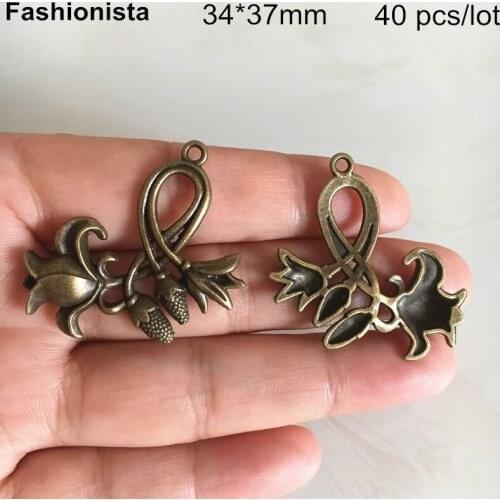 40 pcs -34*37mm Antique Bronze Flower and Bud Charms,Zinc Alloy Metal Flower Pendant For Jewelry Making,Vintage Jewel Supplies
