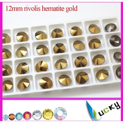 Freeshipping 180pcs 12mm hematite gold color rivoli point back rhinestoens for crystal jewelry making
