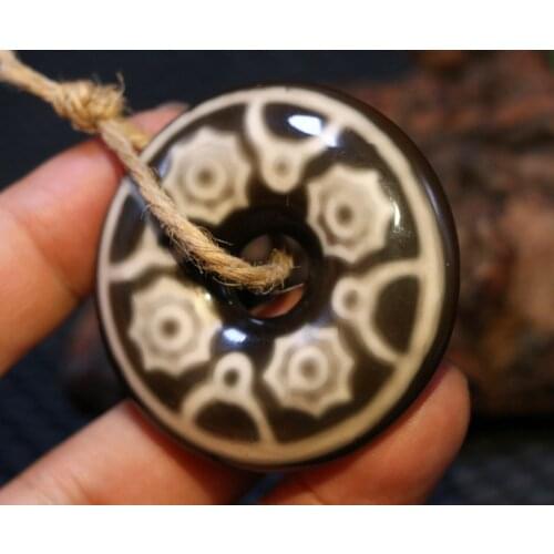 Energy Magic Power Tibetan Old Agate Human&Sun dZi Bead Thick Safety Knot Pendant Totem