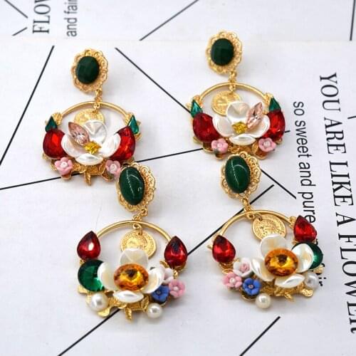 European and American Baroque new flower hollow retro color earrings crystal circle wild fashion big ear jewelry female