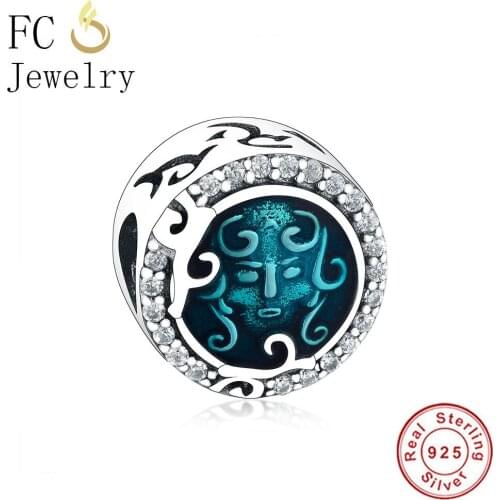 FC Jewelry Fit Original Brand Charm Bracelet Necklace 925 Sterling Silver Light Blue Lampwork Face Lace Bead Making Berloque