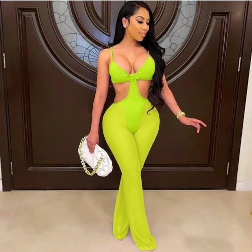 Fluorescence Green Sheer Mesh Beachwear Romper for Women Waist Band Cut Out Sleeveless Jumpsuit Sexy Backless Camisole Outfits