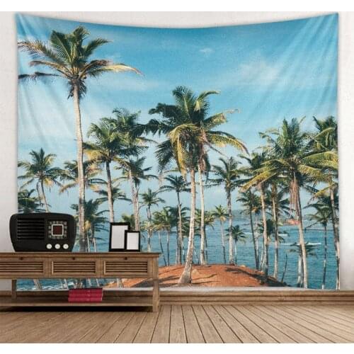 Seaside Coconut Tree Landscape Printed Tapestry Bedroom Wall Decoration Fabric Yoga Mat Living Room Background