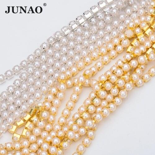 JUNAO 10 Yards SS6 SS12 SS16 Sewing White Pearl Rhinestone Chain Ribbon Silver Gold Metal Trim Strass Tape Applique Crafts