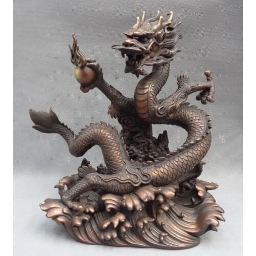 14" Chinese Pure Bronze Folk 12 Year Zodiac Wealth Fly Dragon Play Ball Statue
