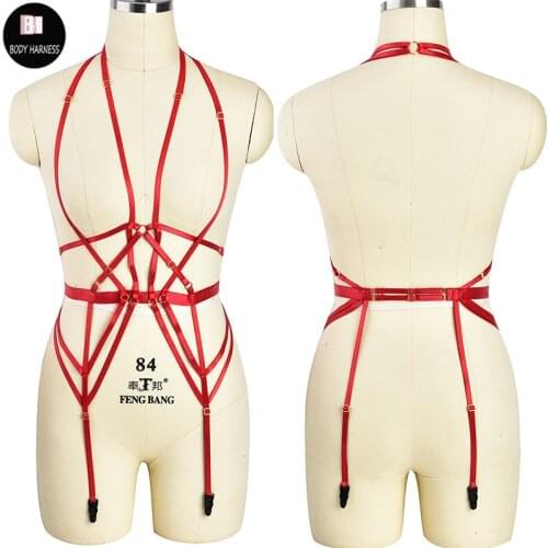 Red Body Harness Set Women Cage Bra Sexy Lingerie Pole dance Fetish Goth Wedding Garter Belt Bondage Stocking Leg Harness