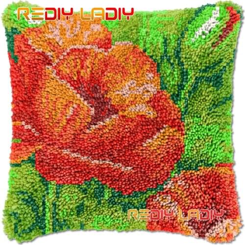 Latch Hook Cushion Red Poppies DIY Needlepoint Kits Chunky Acrylic Yarn Arts Crocheting Lofty Pillow Case Hobby & Crafts