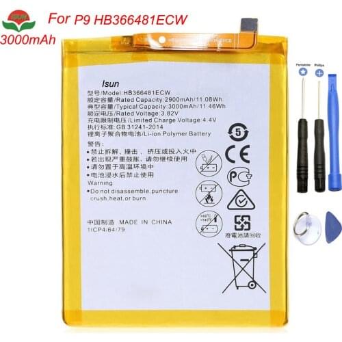ISUN Li-ion phone battery For Huawei P9 Honor 8 HB366481ECW battery replacement with free tools
