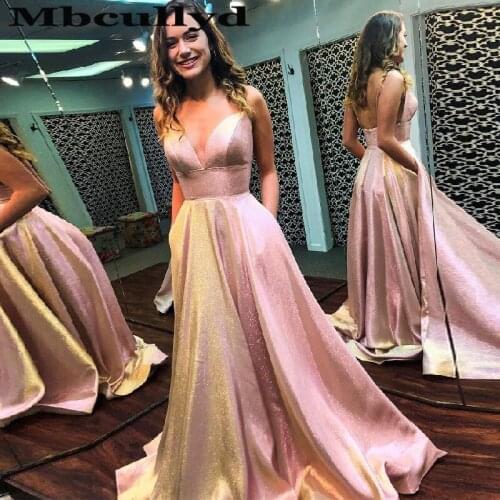 Mbcullyd Luxury Sequined Prom Dresses 2020 Long Sexy Spaghetti Strap Evening Dress For Women With Pocket Elegant robe de soiree