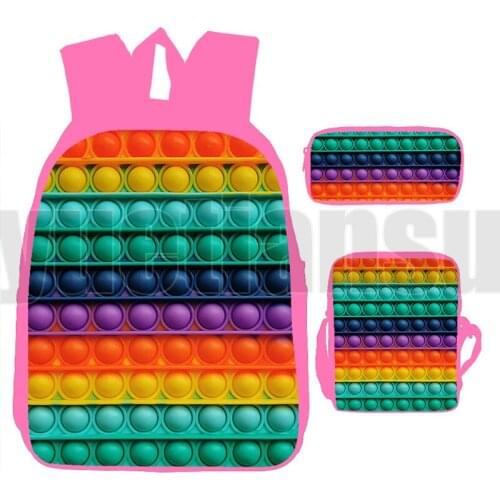 Pink 3 Pcs/Set POP It Backpack Anime 3D Print Rainbow Color Push Bubble Teenager Laptop Book Bag Schoolbags Funny Family Game